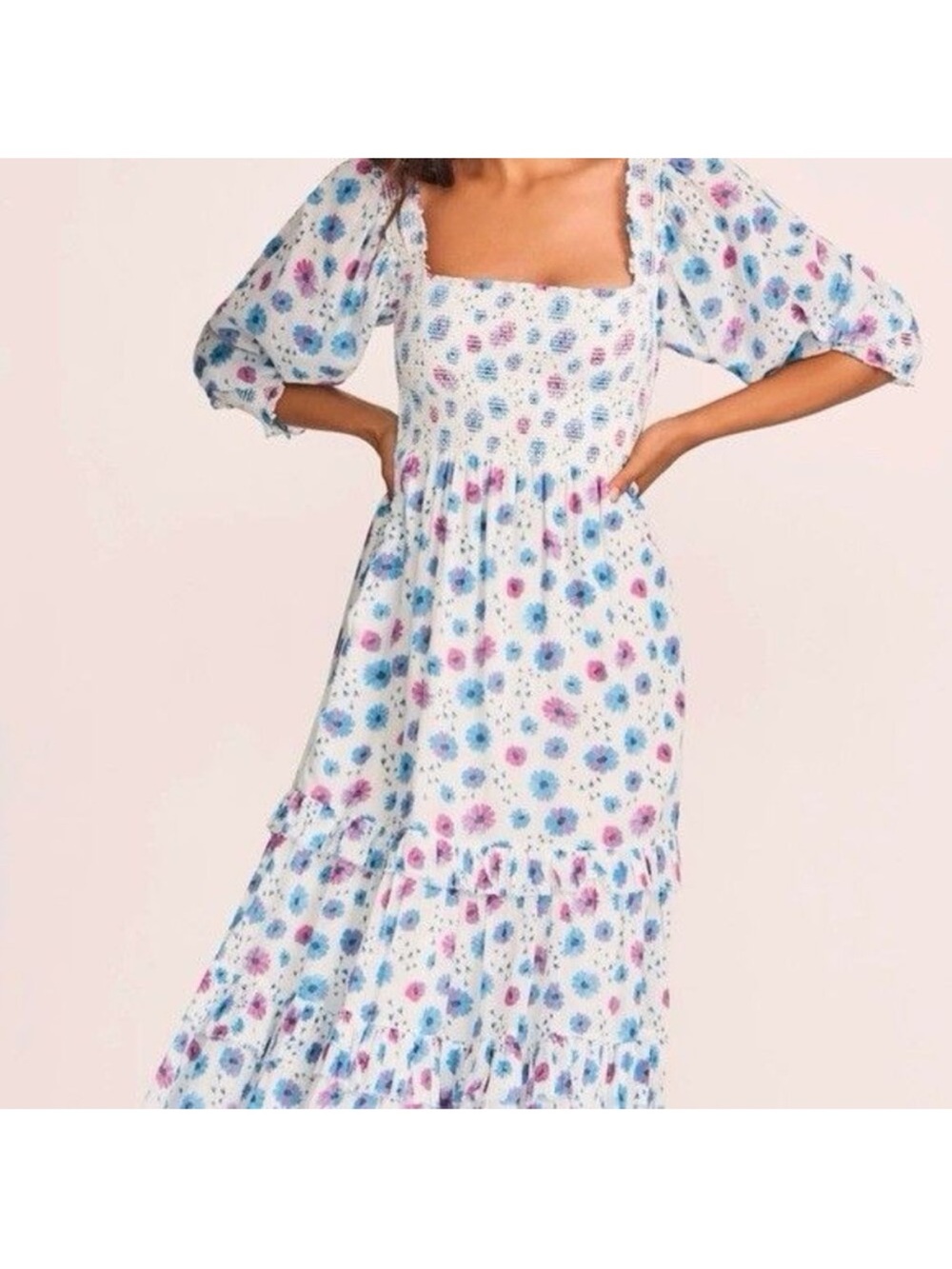 LoveShackFancy Smocked Square-Neck Midi Dress in Blue & Pink Floral size S